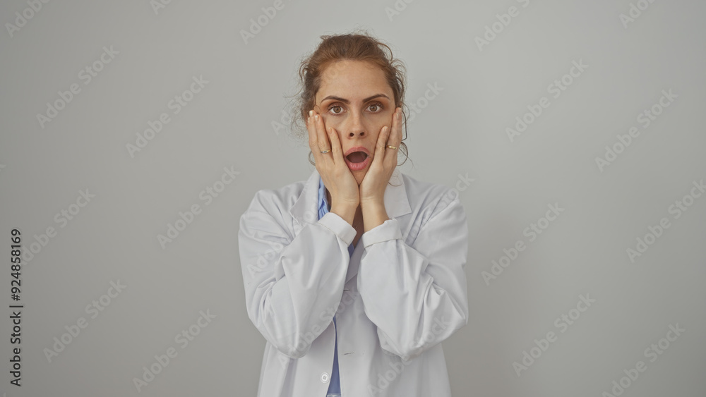 Shocked caucasian woman in lab coat against a white background, portrays a surprised, professional female adult Shocked caucasian woman in lab coat against a white background, portrays a surprised, professional female adult