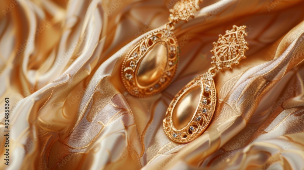 A pair of intricately designed golden earrings placed on a richly textured, luxurious golden fabric, showcasing their ornate detailing and elegance. A pair of intricately designed golden earrings placed on a richly textured, luxurious golden fabric, showcasing their ornate detailing and elegance.