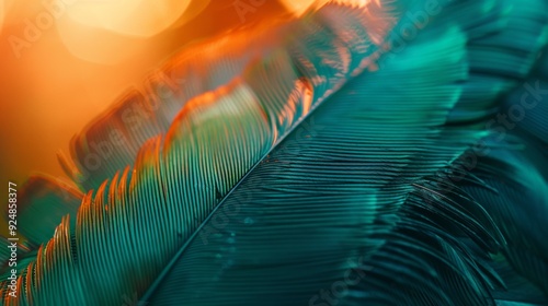 A close-up macro photograph showcasing the intricate details and vibrant colors of green and orange feathers, highlighting their texture and natural beauty.