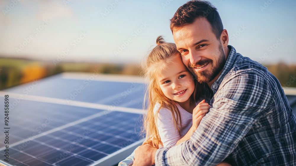 Fototapeta premium Generational Bond: Father and Daughter with Rooftop Solar Panels