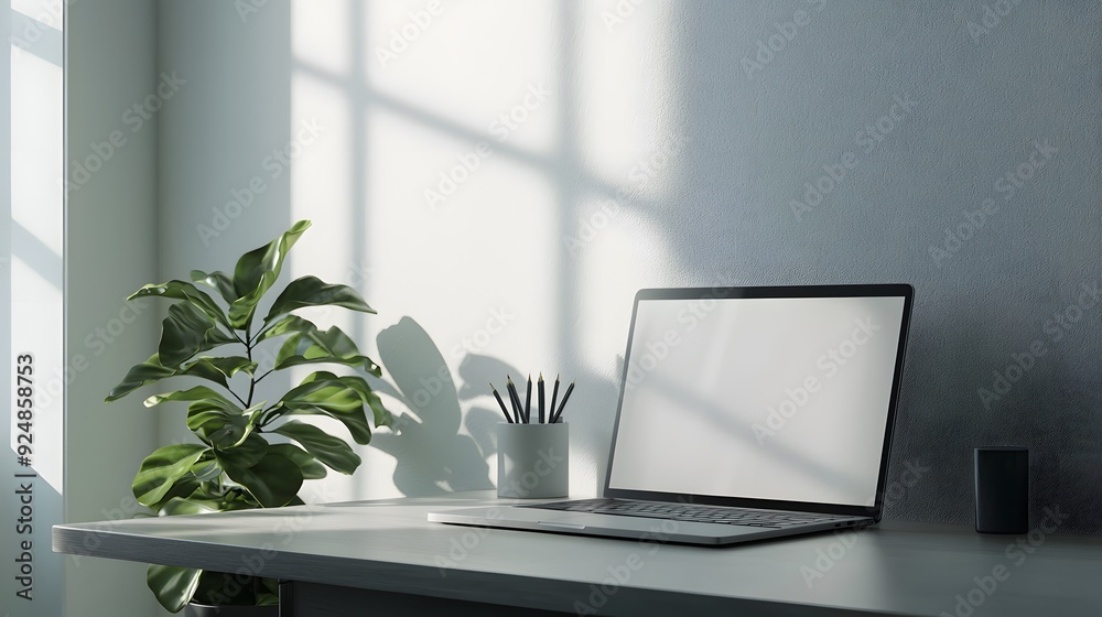 Modern Workspace with Laptop and Plant. Modern Workspace with Laptop and Plant.
