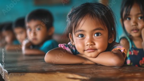 A young girl rests her head on a table, gazing at the camera in a classroom setting, with other children seen behind her, depicting curiosity and daydreaming during school hours.