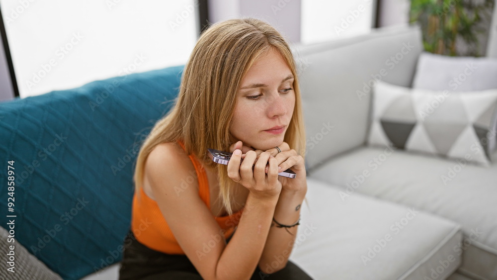 A contemplative young woman holds a phone in a modern indoor setting, surrounded by a plush sofa and pillows. A contemplative young woman holds a phone in a modern indoor setting, surrounded by a plush sofa and pillows.