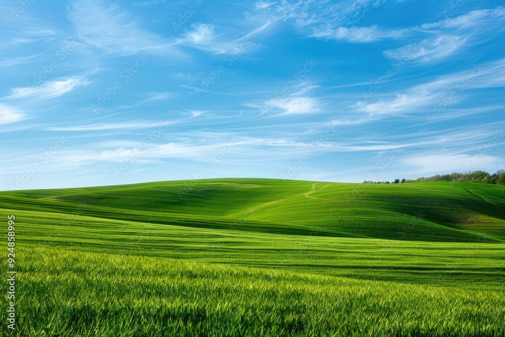 Lush Green Meadow Under Clear Blue Sky. Fluffy White Clouds on a Sunny Day Landscape Background Lush Green Meadow Under Clear Blue Sky. Fluffy White Clouds on a Sunny Day Landscape Background