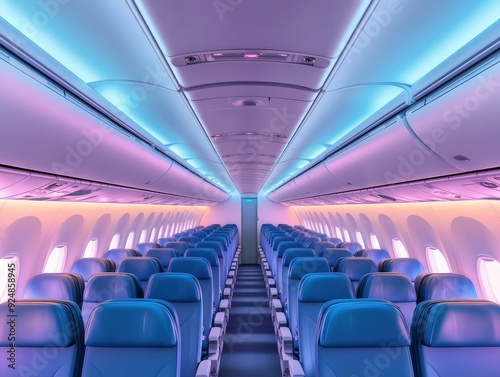 Empty Airplane Cabin Illuminated with Pink and Blue Lights, Modern Interior Design, Rows of Seats