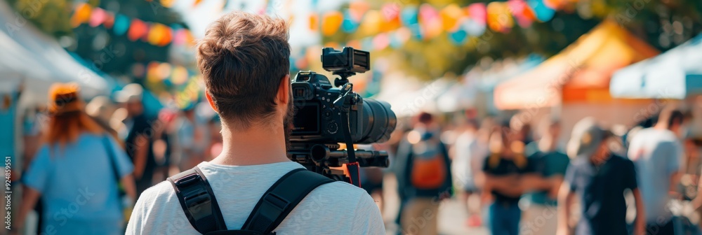 Image of a person with a camera filming an outdoor festival with colorful decorations and people in the background. Image of a person with a camera filming an outdoor festival with colorful decorations and people in the background.