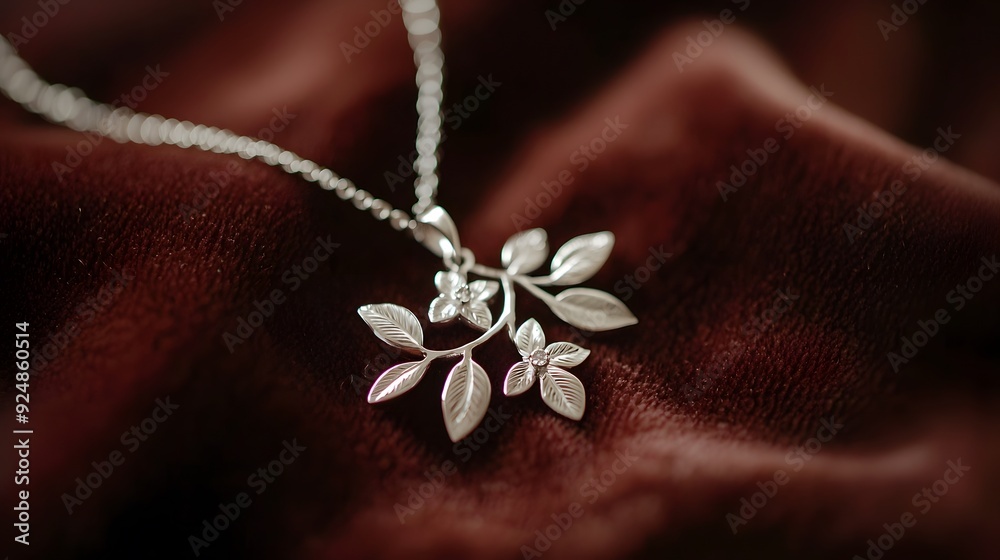 Silver Necklace with Leaf Design on Red Velvet. Silver Necklace with Leaf Design on Red Velvet.