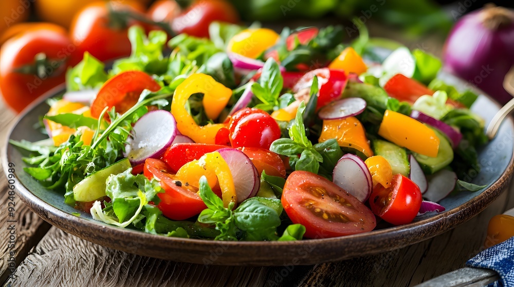 Fresh Green Salad with Tomatoes, Bell Peppers, and Cucumbers. Fresh Green Salad with Tomatoes, Bell Peppers, and Cucumbers.