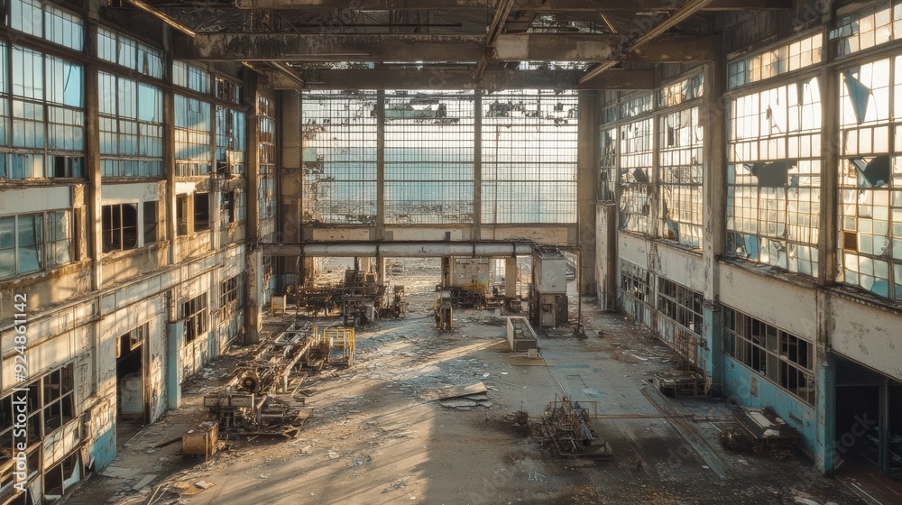 Abandoned Factory Interior with Broken Windows and Sunbeams Illuminating Dust and Debris Abandoned Factory Interior with Broken Windows and Sunbeams Illuminating Dust and Debris