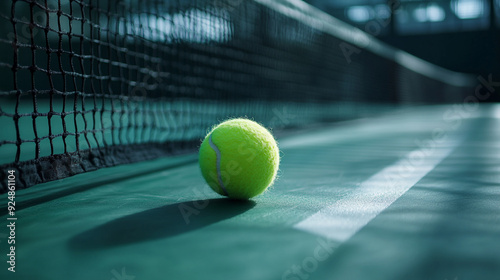 Close up of bright tennis ball on hard tennis court. Copy space