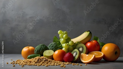 fruits and vegetables with a light grey background