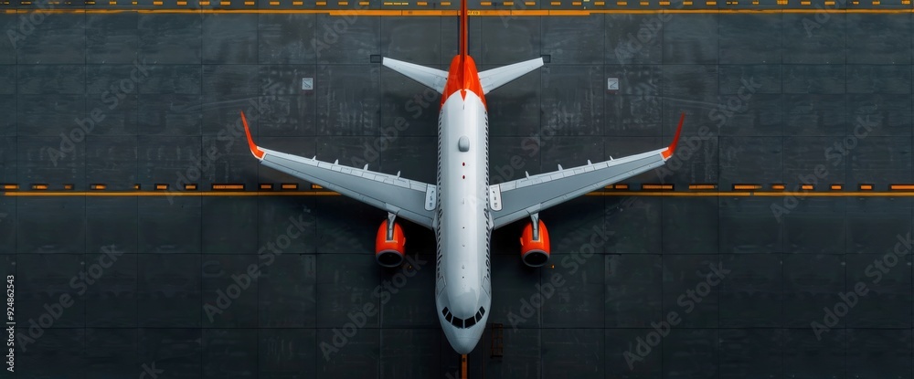 A Top-Down View Of A Commercial Airplane Docking In The Terminal Parking Lot, With Yellow Lines Marking The Area A Top-Down View Of A Commercial Airplane Docking In The Terminal Parking Lot, With Yellow Lines Marking The Area