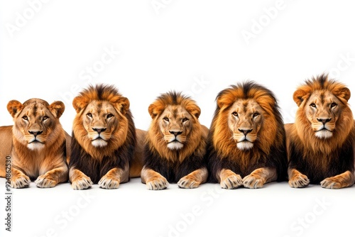 An impressive and regal lion pride with detailed fur texture, bright and clear light, isolated white background.