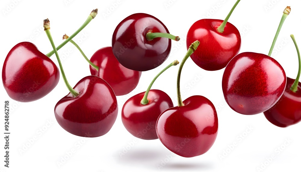 Cherries floating in the air, isolated on white background Cherries floating in the air, isolated on white background