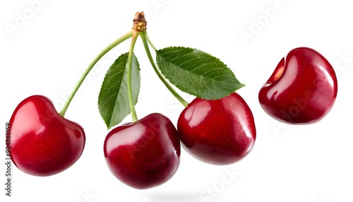  Cherries floating in the air, isolated on white background