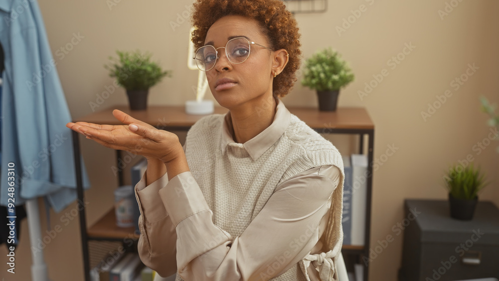 An african american woman presents with an open hand gesture in a cozy, well-decorated home interior. An african american woman presents with an open hand gesture in a cozy, well-decorated home interior.