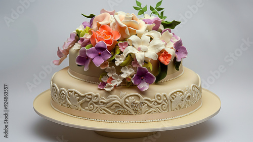 there is a cake with flowers on top of it on a plate photo