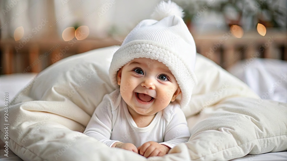 A cute baby with a white hat and blanket, smiling joyfully while lying in a cozy bed, creating a heartwarming scene. A cute baby with a white hat and blanket, smiling joyfully while lying in a cozy bed, creating a heartwarming scene.