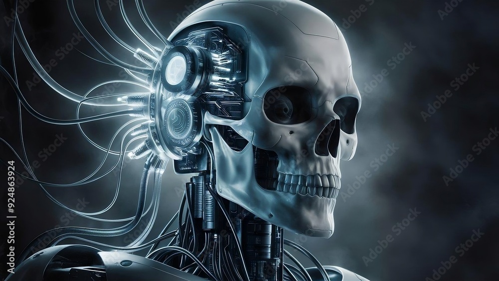 Realistic robot or cyborg skull with electric circuits and futuristic microchips in the brain, working on the realistic hologram in the real high-definition photo background created with generative ai Realistic robot or cyborg skull with electric circuits and futuristic microchips in the brain, working on the realistic hologram in the real high-definition photo background created with generative ai