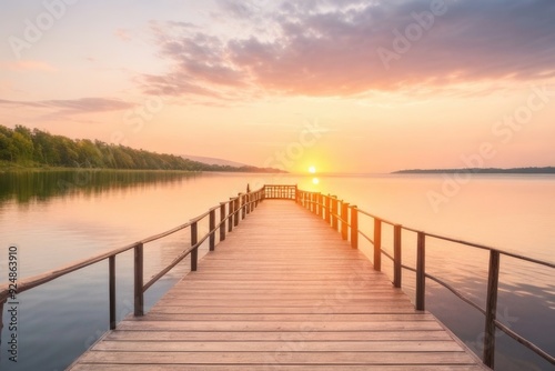 Wooden path bridge over a lake