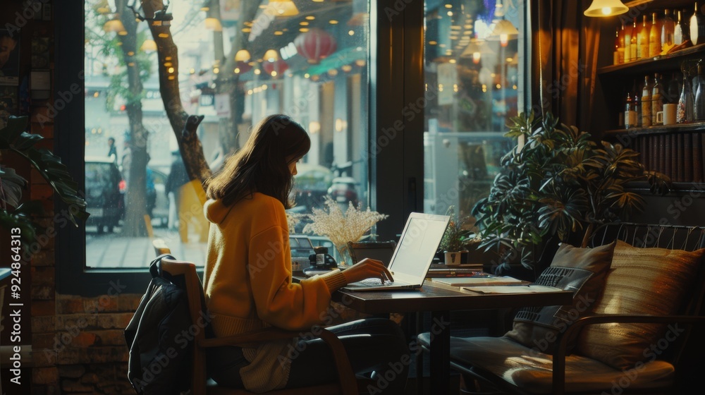 Freelancer Working on Laptop in Cozy Cafe with Warm Lighting and City View. Lifestyle and Remote Work Designs. Generative ai Freelancer Working on Laptop in Cozy Cafe with Warm Lighting and City View. Lifestyle and Remote Work Designs. Generative ai
