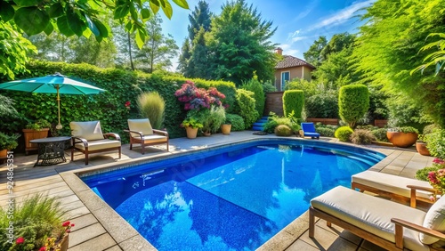 Vibrant blue pool liner glistens in the sunlight, surrounded by lush greenery and patio furniture, creating a serene and inviting summer oasis atmosphere.