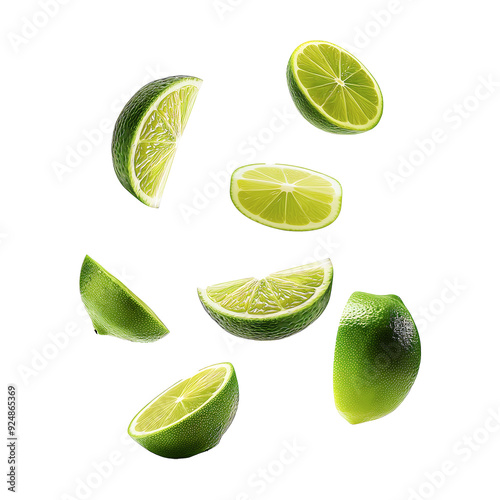 Falling fresh lime slices isolated on a transparent background