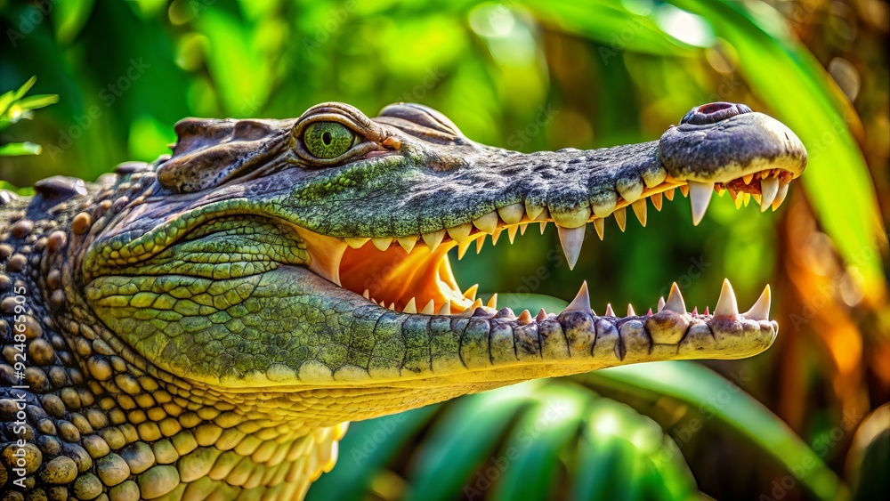Obraz premium Vibrant close-up of a Cuban crocodile's scaly skin and sharp teeth, set against a lush green background, evoking a sense of tropical wilderness.