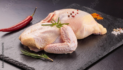 Raw chicken fillet on plate with tomato, spices and dill on black background. ai generated