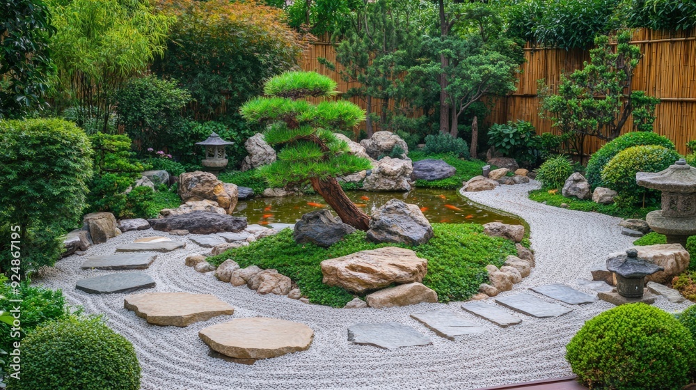 Tranquil Japanese Garden Featuring a Serene Pond and Winding Gravel Path, Surrounded by Lush Greenery and Stone Lanterns Tranquil Japanese Garden Featuring a Serene Pond and Winding Gravel Path, Surrounded by Lush Greenery and Stone Lanterns