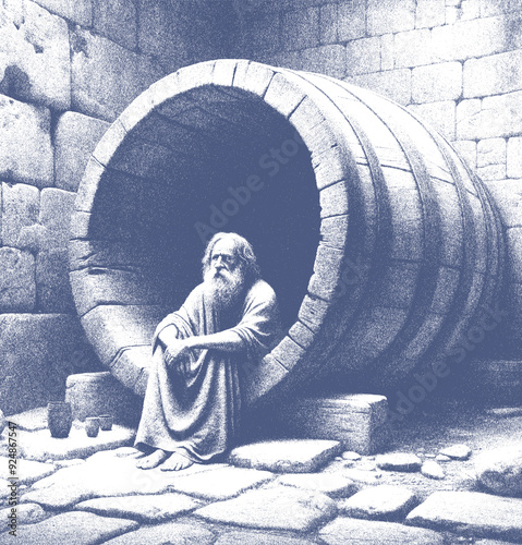 Drawing of the Greek cynic philosopher Diogenes in front of his barrel