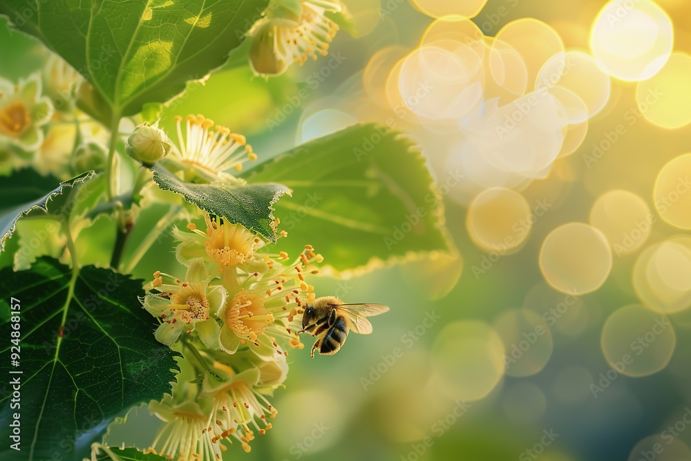 Honeybee on a leaf near blooming flowers with soft golden sunlight and bokeh Honeybee on a leaf near blooming flowers with soft golden sunlight and bokeh