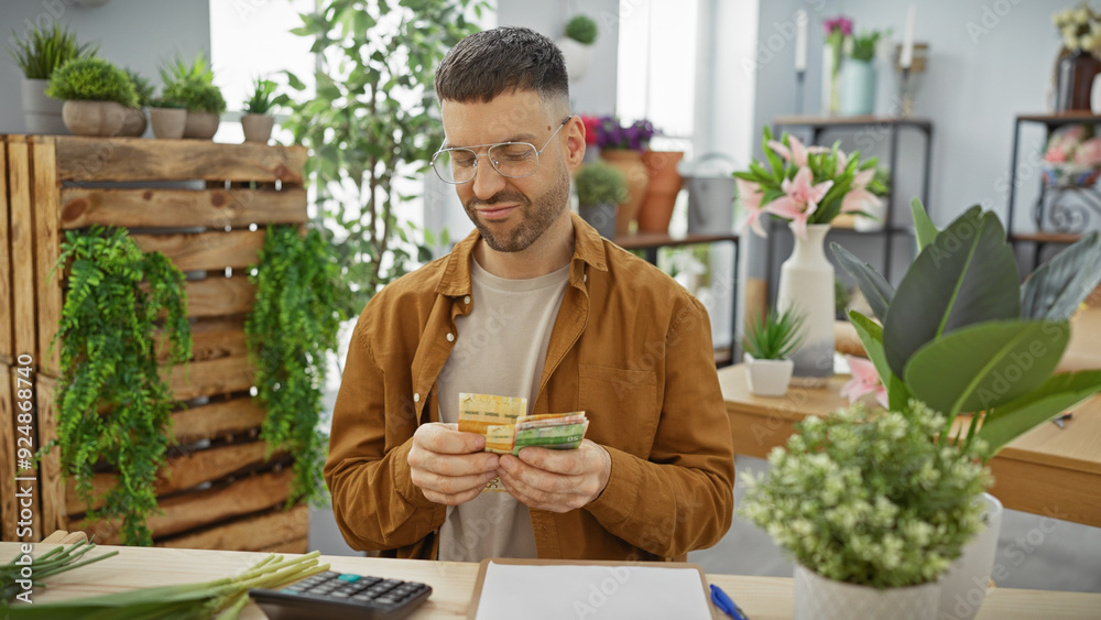 Handsome hispanic man counting norwegian kroner in a lush green indoor flower shop. Handsome hispanic man counting norwegian kroner in a lush green indoor flower shop.