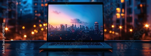 Laptop with City Skyline Wallpaper