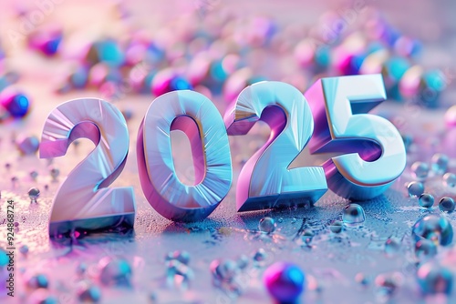 Futuristic 3D "2025" text in vibrant colors with abstract background 