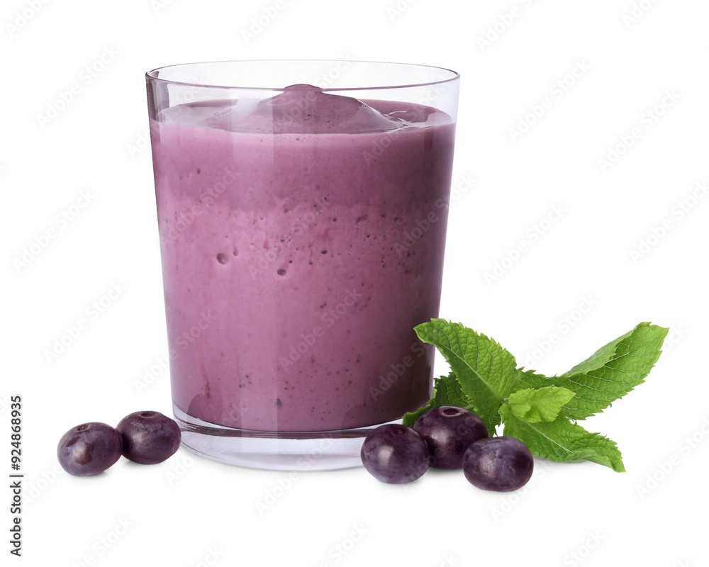 Tasty acai smoothie in glass, mint and berries isolated on white Tasty acai smoothie in glass, mint and berries isolated on white