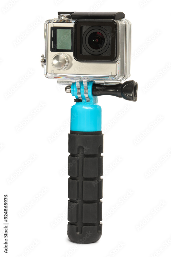 Modern action camera and monopod isolated on white Modern action camera and monopod isolated on white