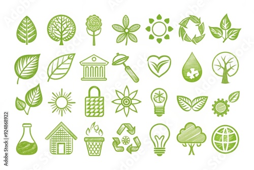 a set of pieces of Silhouette eco simbols hand draw Icon  on solid white background. Green icons photo