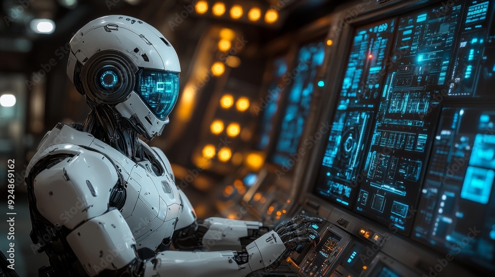 Futuristic robot operating advanced computer systems - generative ai Futuristic robot operating advanced computer systems - generative ai