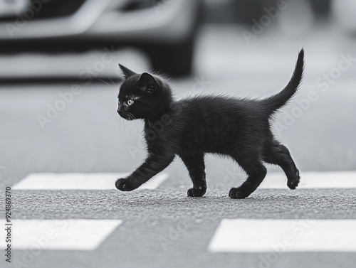 Cucciolo di gatto nero che attraversa la strada sulle strisce pedonali. photo