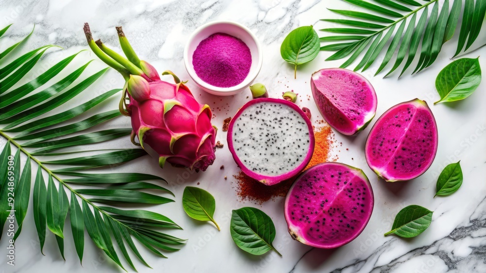 Vibrant pink pitaya powder spilled across a white marble surface, surrounded by dragon fruit and tropical leaves, evoking a sense of exotic wellness and nutrition. Vibrant pink pitaya powder spilled across a white marble surface, surrounded by dragon fruit and tropical leaves, evoking a sense of exotic wellness and nutrition.