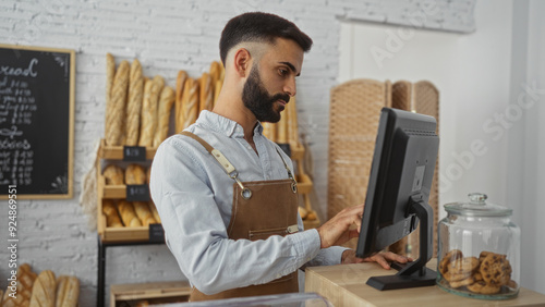 Young hispanic man working in a bakery using a computer with bread and cookies in the background