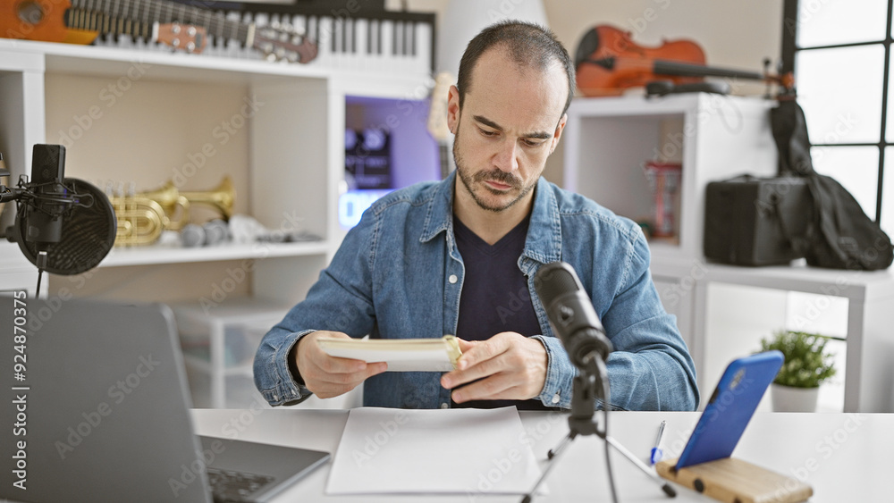 Hispanic bald man with beard in studio using microphone and laptop for music production. Hispanic bald man with beard in studio using microphone and laptop for music production.