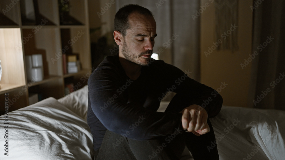 Pensive bald hispanic man with beard sitting in dark bedroom at night Pensive bald hispanic man with beard sitting in dark bedroom at night