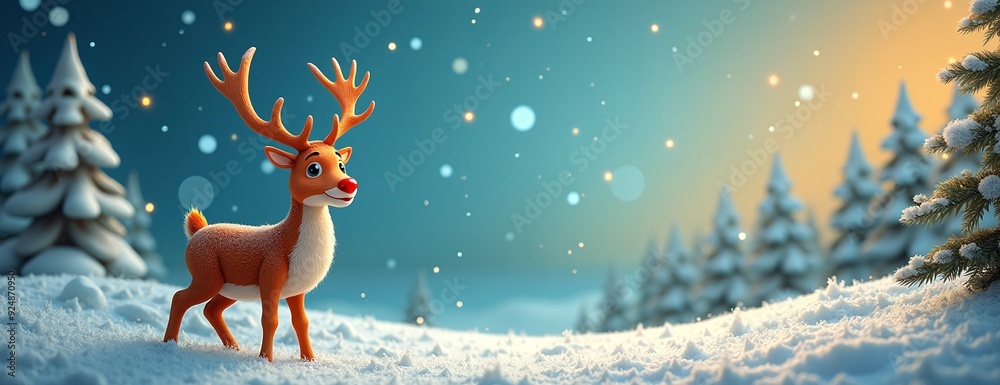 Naklejka premium Cheerful Rudolph reindeer standing proudly in snowy winter forest with magical twinkling lights