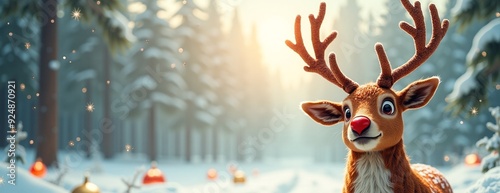Cheerful Rudolph the Red-Nosed Reindeer Smiling in Snowy Winter Forest