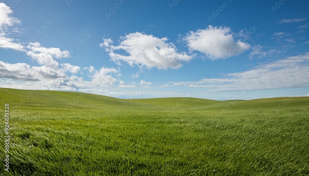 vast, empty green grass field stretches out under a clear blue sky dotted with fluffy white clouds, creating a serene and open landscape that evokes a sense of peaceful tranquility. vast, empty green grass field stretches out under a clear blue sky dotted with fluffy white clouds, creating a serene and open landscape that evokes a sense of peaceful tranquility.