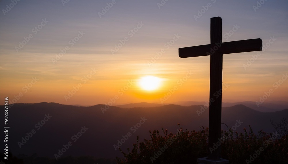 silhouette of a wooden cross stands prominently against a breathtaking sunset backdrop on a mountain. The dramatic interplay of light and shadow highlights the cross, creating a serene and sacred atmo silhouette of a wooden cross stands prominently against a breathtaking sunset backdrop on a mountain. The dramatic interplay of light and shadow highlights the cross, creating a serene and sacred atmo