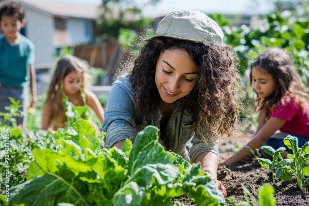 A portrait of a teacher in an urban community garden, guiding students as they plant vegetables, with a focus on sustainable urban agriculture and hands-on education. A portrait of a teacher in an urban community garden, guiding students as they plant vegetables, with a focus on sustainable urban agriculture and hands-on education.