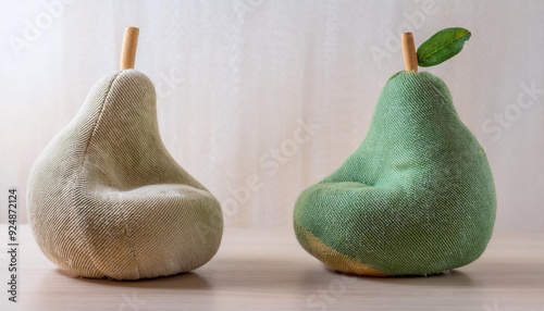 chair designed to resemble a pear, crafted from eco-friendly cloth material, adds a touch of whimsy to any room with its playful and unique design, perfect for enhancing a funny, unconventional space photo